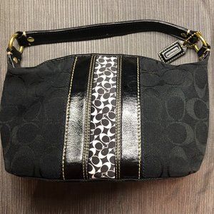 Coach Mini Signature Print Striped Black Small Leather Trim Logo Handbag